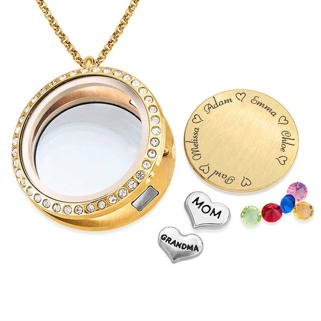 Personalized Custom Engraved Family Jewelry  Round Gold Locket Mom Grandma Charms Birthstones Glass Locket Pendant
