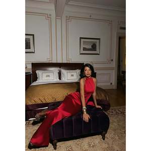 Robe trapèze rouge en satin avec décorations brodées de sequins et strass, taille XL, robe de soirée et de cérémonie ODM - Product Image 3