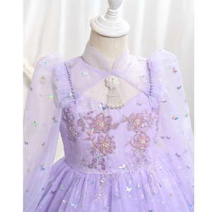 Vestido de princesa morado estilo chino mejorado para niñas, vestido de malla de manga larga con falda abullonada, disfraz de actuación para niñas pequeñas - Product Image 4