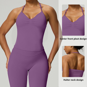 Ensemble 2 pièces de sport pour femme : Haut <span class=keywords><strong>push</strong></span>-<span class=keywords><strong>up</strong></span> sans coutures avec plis avant et <span class=keywords><strong>Legging</strong></span> de yoga froncé aux fesses - Product Image 2