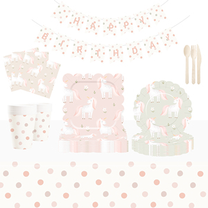 Assiettes en papier, gobelets en papier et serviettes DAMAI à pois roses licorne pour fête d'anniversaire d'enfants, baby shower, ensemble de vaisselle jetable en papier - Product Image 1