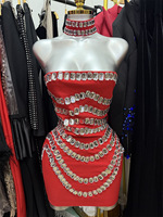Bettergirl Super Glänzendes Diamant-Mode-Halskettenkleid Rotes Kurzes Damenkleid Luxuriöses Party-Mini-Bandagenkleid