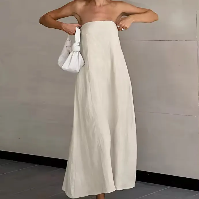 2024 été nouveau sein taille haute vacances dos nu robe pour les femmes français kaki coton chanvre haut Long Style décontracté