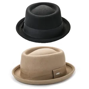 Topi top hitam topi bergaya antik pria topi pria berpita Jazz Retro Inggris topi gaya Vintage pinggiran lebar Wool pria topi Fedora