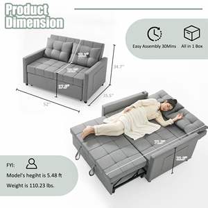 أريكة مقاس 52 بوصة بسرير قابل للسحب 3 في 1 قابلة للتحويل مع مسند ظهر قابل للتعديل وجيوب جانبية - Product Image 2
