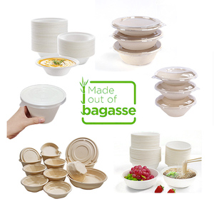 Compostable disposable biodegradable restaurant serving sugarcane sugar cane bagasse fruit ramen salad soup bowl with clear lid