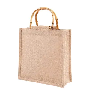 Wholesales Portable Jute Shopping Bag Reusable Grocery Burlap Tote Bags With Bamboo Loop Handles