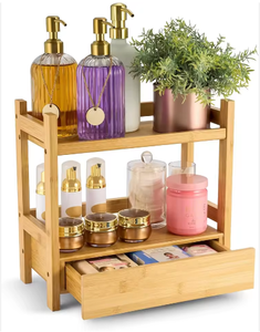 Multi-Purpose Double <b>Bamboo</b> Makeup Organizer Standing Storage Display <b>Shelf</b> Skincare Desktop Living Room Modern Household Items - Product Image 1