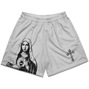 Men's Gray Printed <b>Shorts</b> With Virgin Mary And Cross Design Elastic Waist Casual Breathable Sport <b>Shorts</b> - Product Image 1