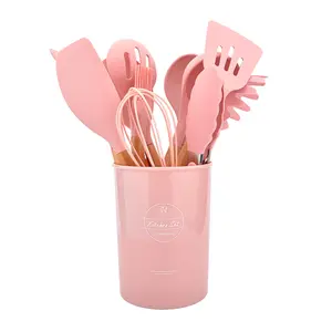 Low MOQ Customized Silicone Kitchen Utensil Set Kitchen Silicone Cooking Utensils Set With Wood Handle