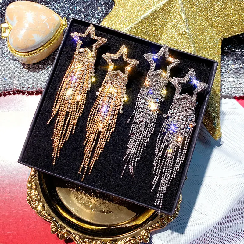 Fashion Lange Tassel Crystal Oorbellen Voor Vrouwen 2019 Bijoux Luxe Shiny Gold Kleur Star Dangle Oorbellen Sieraden Geschenken