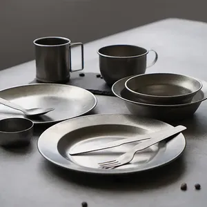 Ensemble de <span class=keywords><strong>vaisselle</strong></span> vintage en acier inoxydable, assiette à dîner, plateau portable de style japonais, bol, tasse, ensemble de <span class=keywords><strong>vaisselle</strong></span> de camping - Product Image 1