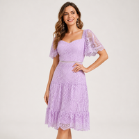 OEM ODM Robe midi en dentelle pour femme avec logo personnalisé, col carré, manches courtes, tenue de soirée décontractée, marque privée, vente en gros
