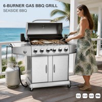 Barbecue à gaz extérieur 6 brûleurs en acier inoxydable avec rôtissoire, minuteur, thermomètre et brûleur latéral en fonte