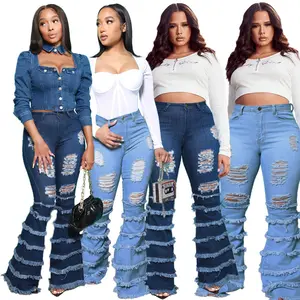 New vintage embroidered brushed ripped jeans women's baggy slimming wide-leg pants