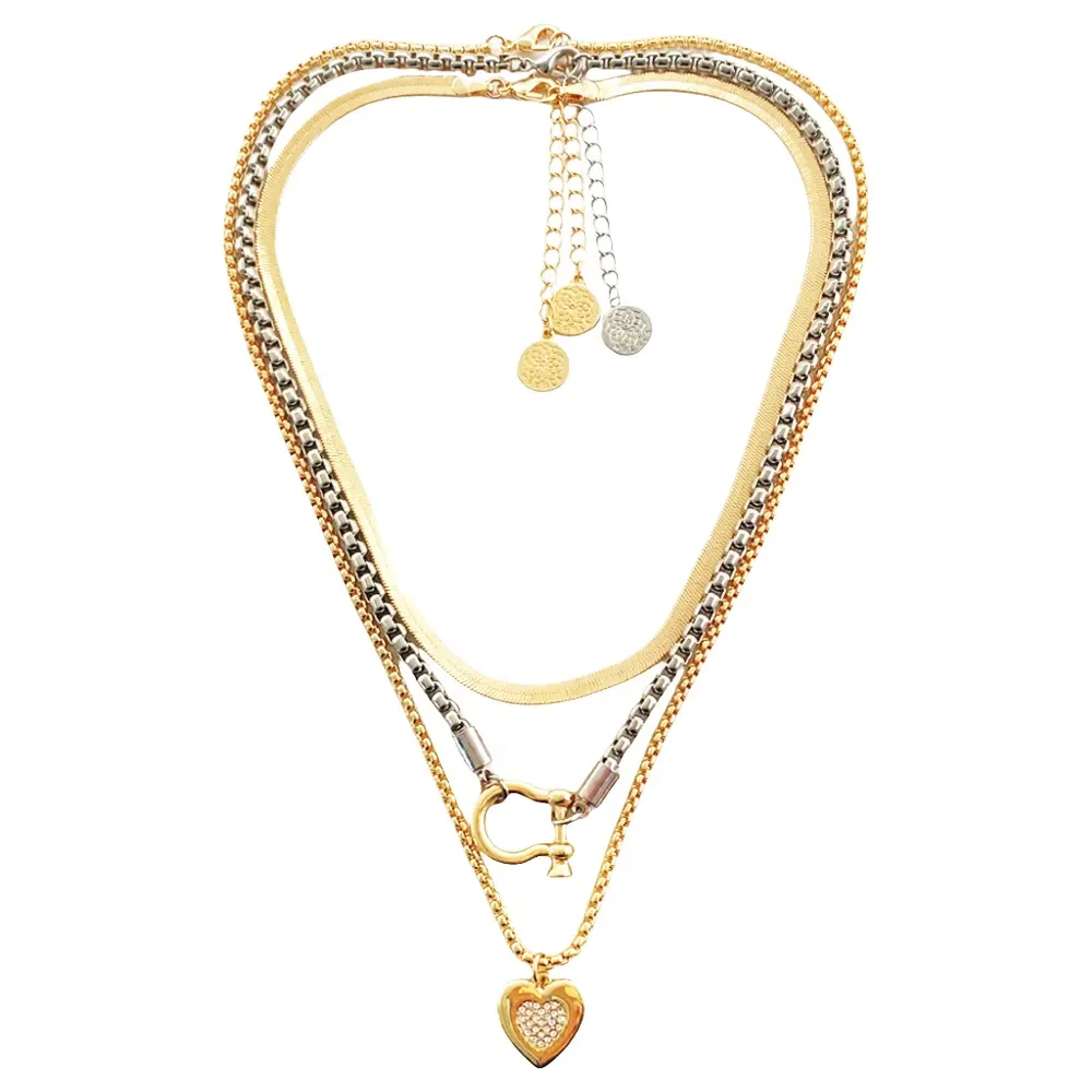 Fashion jewelry multi layer carabiner heart pendant CHOKER box chain Necklace choker women men Chunky horseshoe necklace