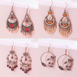 Fashion Dangle <b>Earrings</b> Alloy Zircon <b>Drop</b> <b>Earrings</b> Women's Party Jewelry Bohemian Ethnic Style <b>Red</b> Stone Bezel Setting - Product Image 1