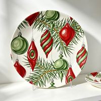 Assiette plate en céramique à motif de branche de pin rouge et verte sur le thème de Noël, compatible micro-ondes, design frais et mignon, pour la maison et l'hôtel