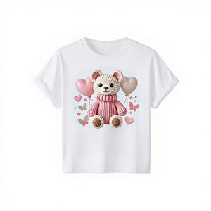 Camiseta con Estampado de Osito de Peluche para Mujer, Manga Corta, Cuello Redondo, 100% Algodón, Suave, Informal, para Todas las Temporadas, Tela Jersey - Product Image 1