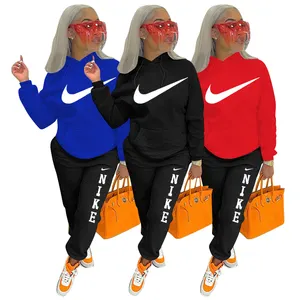 Vendita all'ingrosso nike cotone sudore si adatta alle tute-Tuta Nike 2021 pantaloni da Jogger Casual da donna in due pezzi set Logo ricamato cotone 2 pezzi tuta sportiva da Jogging