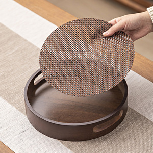 Bamboo Serving <b>Tray</b> Round With Handle Walnut Color For Tea And <b>Snacks</b> Household Use - Product Image 4
