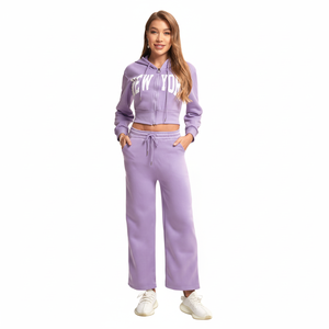 Conjunto Deportivo Morado con Capucha para Mujer, de Algodón, Corte Holgado, con Cordón Ajustable y Bolsillos Laterales, Estilo Primavera - Product Image 1