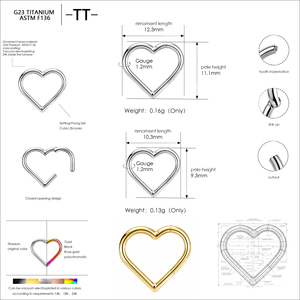 TT - Boucles d'oreilles créoles articulées en titane ASTM-F136 pour enfants, motif cœur, pour <span class=keywords><strong>piercing</strong></span> de septum et <span class=keywords><strong>tragus</strong></span> - Product Image 6