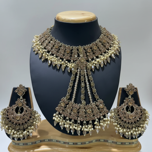 18K <b>Gold</b> Plated Brass Zircon Bridal Shadow Choker Necklace <b>Set</b> Earrings Maang Tikka Handmade Ethnic Jewelry Engagement Gift - Product Image 2