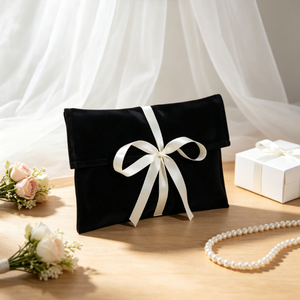 Pochette de luxe en velours noir style enveloppe avec nœud en satin blanc, sac cadeau personnalisé en tissu pour bijoux, cosmétiques et emballages cadeaux - Product Image 4