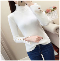 Sweater Turtleneck Hitam Slim Ribbed Khusus Wanita, Kerah Tinggi Rajutan Korea Lengan Panjang Kancing Depan, Atasan Kasual Tebal untuk Musim Gugur