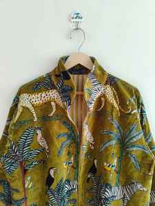 Veste bomber en velours bohème à imprimé jungle verte, réversible, écologique, respirante, hiver - Product Image 2