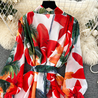 Gaun Maxi A-Line Lengan Ruffle Panjang dengan Kerah V dan Ikat Pinggang, Elegan untuk Liburan, Laris Manis