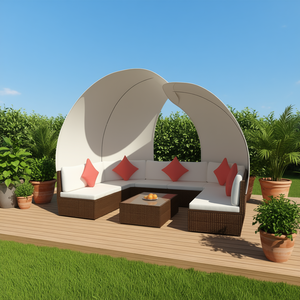 Set da Giardino in Rattan Marrone, Crema, Bianco e Rosso, 9 Posti, Arredamento da Esterno Contemporaneo Resistente alle Intemperie - Product Image 2