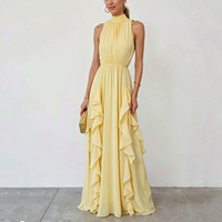 Robe longue en mousseline de soie personnalisée pour femme, sans manches, à volants, fluide, taille élastique, élégante, pour soirée