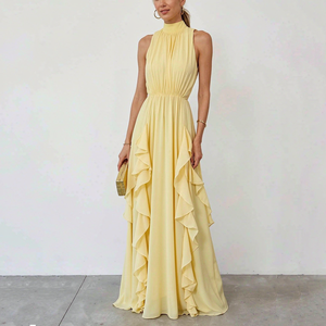 Robe longue en mousseline de soie personnalisée pour femme, sans manches, à volants, fluide, taille élastique, élégante, pour soirée - Product Image 1