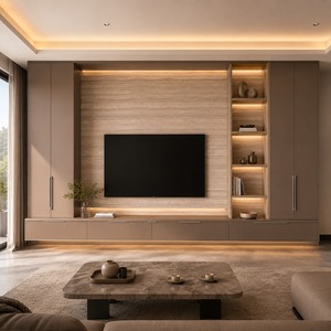 Mobile <span class=keywords><strong>TV</strong></span> Moderno con <span class=keywords><strong>Base</strong></span> Sospesa, Armadietti a Tutta Parete e Mensole Aperte Illuminate - Product Image 5