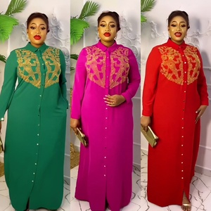 Nouveau design lin vêtements africains <span class=keywords><strong>Kanga</strong></span> robes longues pour femmes Dubai col de chemise strass - Product Image 2