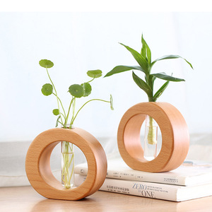 Vase à fleurs créatif en bois avec tubes à essai, design minimaliste rond, pour la décoration de la maison, du bureau, 2 pièces - Product Image 2