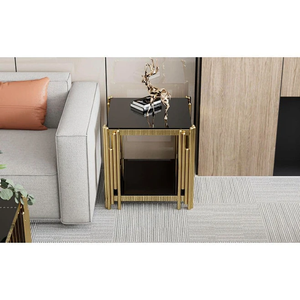 Tavolino da Caffè <span class=keywords><strong>Moderno</strong></span> di Lusso Convertibile in Acciaio Inox Quadrato 50x50cm con Vetro Temperato Nero e Angoli Dorati a Specchio - Product Image 6