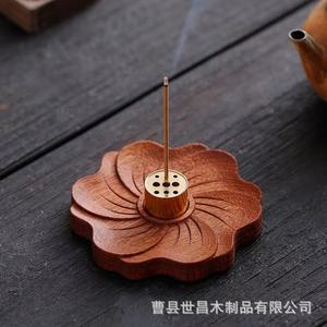 Brûleur d'encens en bois de santal, plateau rond avec insert en cuivre, fait main, pour usage religieux, style moderne et simple - Product Image 3