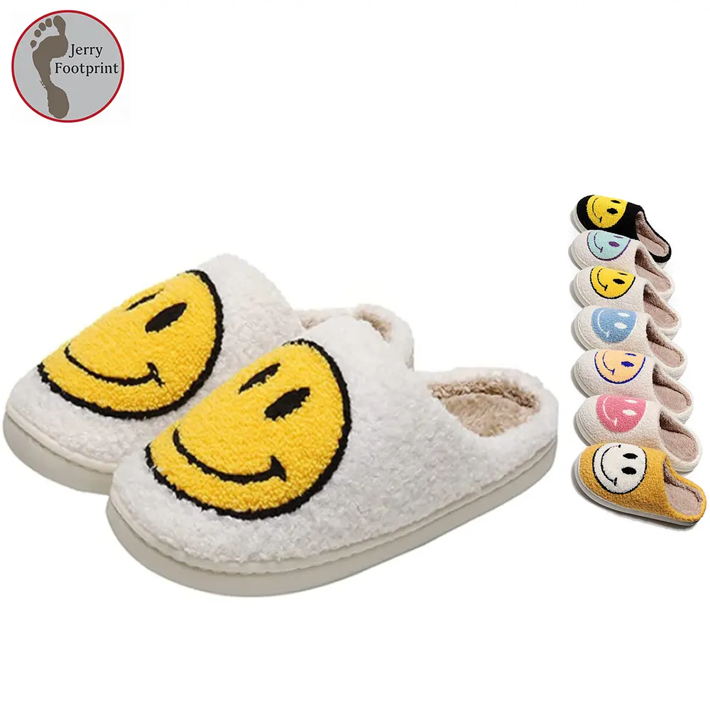 Custom Wholesale Ladies House Warm Smiling Unisex Kids Adult Happy Smielley Face Plush Slippers Fluffy
