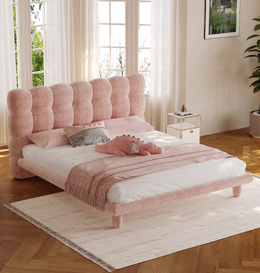 French Cream Bubble Bed for Girls – Pink Fabric Upholstered Princess Kids Bed for Bedroom, Small Apartments & Children’s Rooms