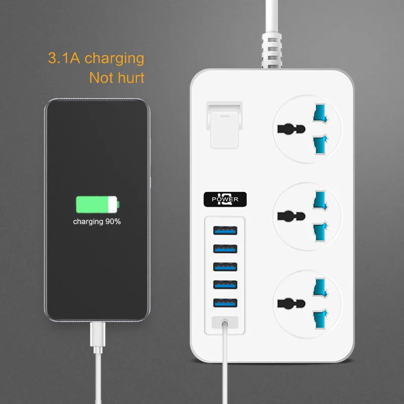 2021 hot-selling power strip with 3 sockets and 6 USB charging ports 2 meter long home and office extension cord