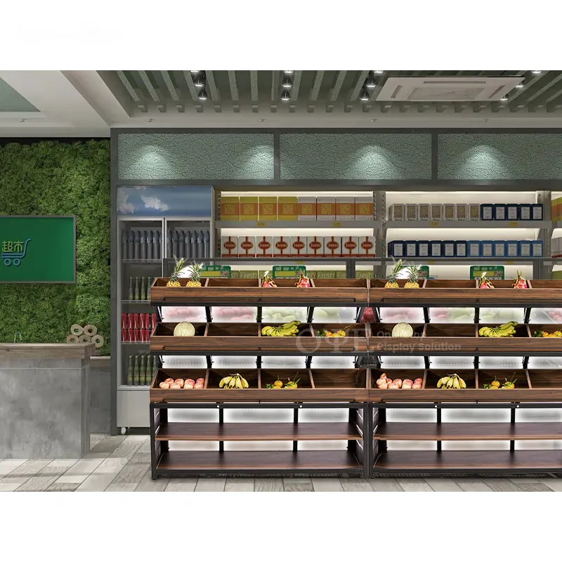 Supermarkt Edelstahl Holz Obst und Gemüse Display Ständer Rack Regal Zähler