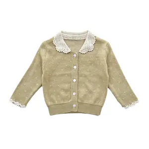 2024 ctuemily Cô Gái Mới Áo len Hollow tay Crochet cổ áo áo khoác nút đan Cardigan dệt kim Tops cho trẻ em
