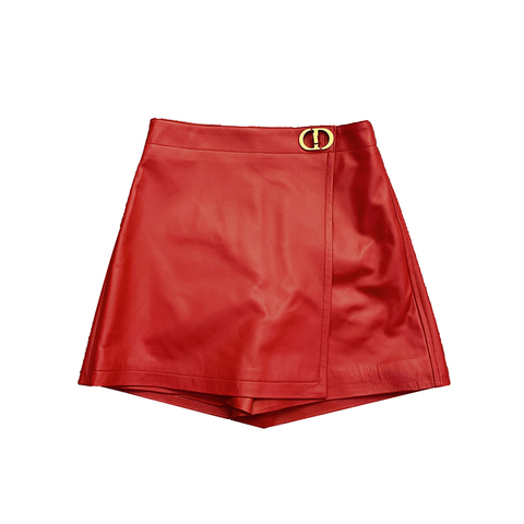 0622 Fashion High-waist Asymmetric Design Sheepskin Genuine Leather Skirt Short Pants