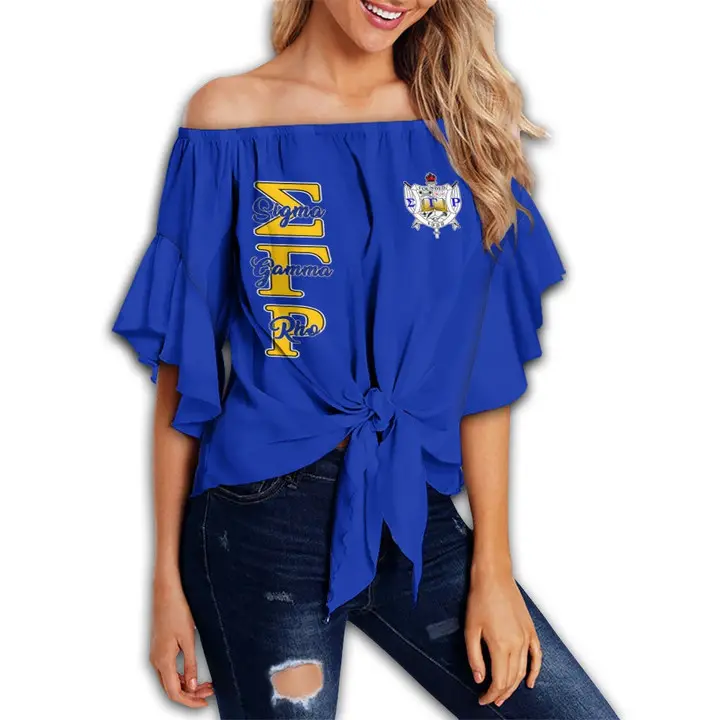 Kostum Terbaru Sigma Gamma Rho Sorinitas Blus Biru untuk Wanita Musim Panas Mode Blus Besar Blus Sifon Wanita Blus & Kemeja