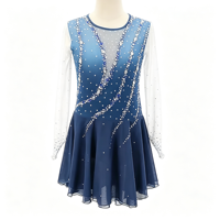 Robe de patinage et de danse bleu marine dégradé pour enfants et adultes, à manches longues en maille, dos diagonal orné de strass, pour compétition et spectacle de patinage sur glace
