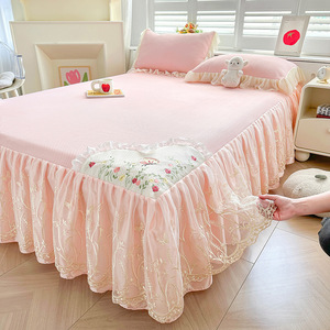 Pháp phong cách Ruffled ánh sáng màu hồng thêu mùa hè ngủ Viện trợ ren 4pcs Quilt bedding Set - Product Image 6