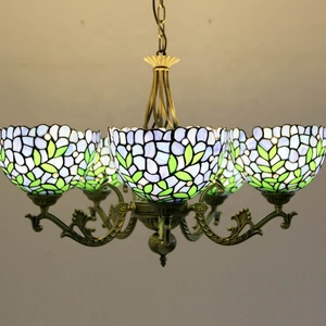 LongHuiJing Vintage Tiffany Style Stained Glass Dome <b>Chandelier</b> 6 <b>Lights</b> Wisteria Stained Glass Carved Pendant Lamp - Product Image 6